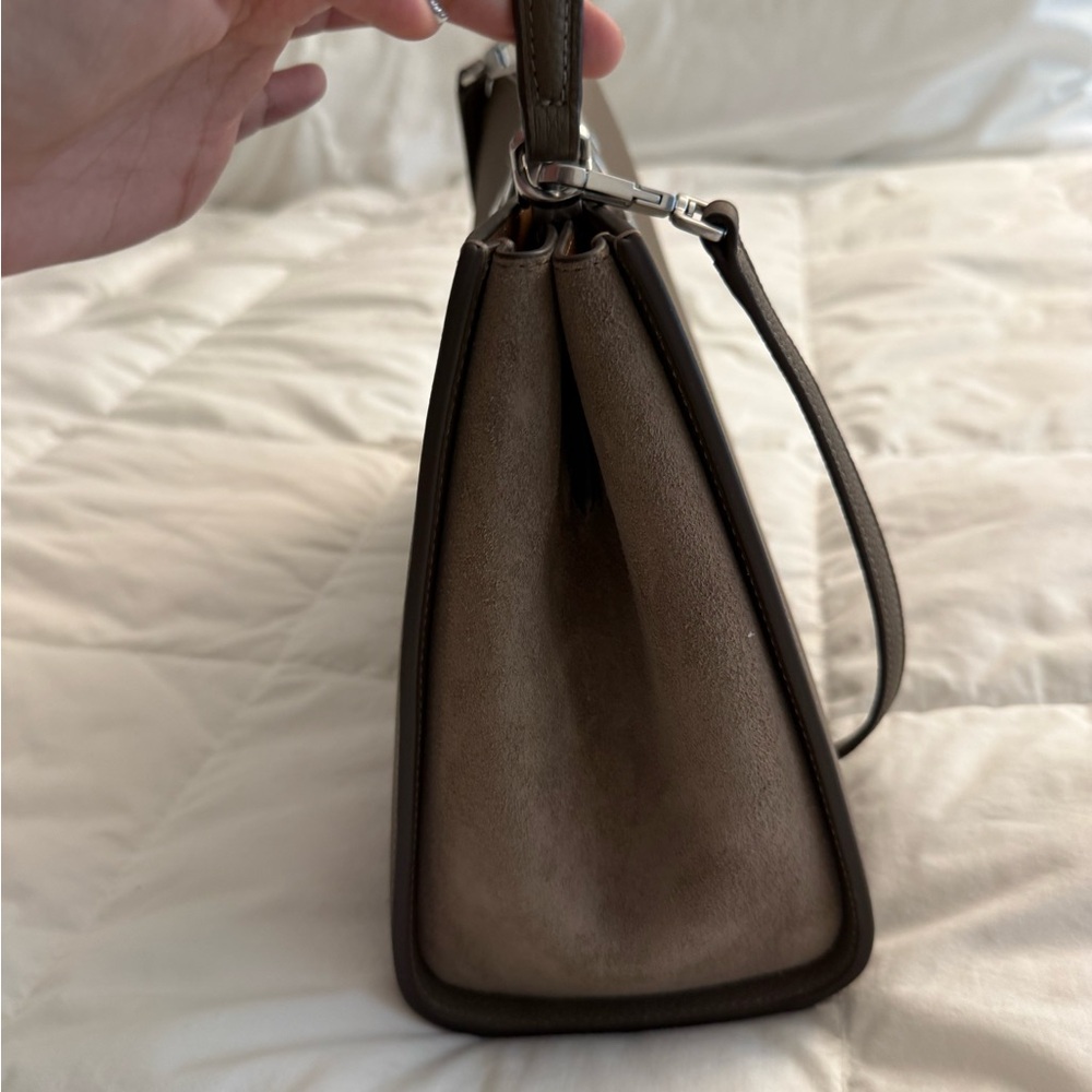 Tory Burch Eleanor Pebbled Satchel Wild Mushroom Leather Suede Bag - Picture 2 of 8